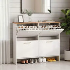 Karl Home 42 W 4-Flip Drawer Flat Top Shoe Cabinet with Silver Metal Handles