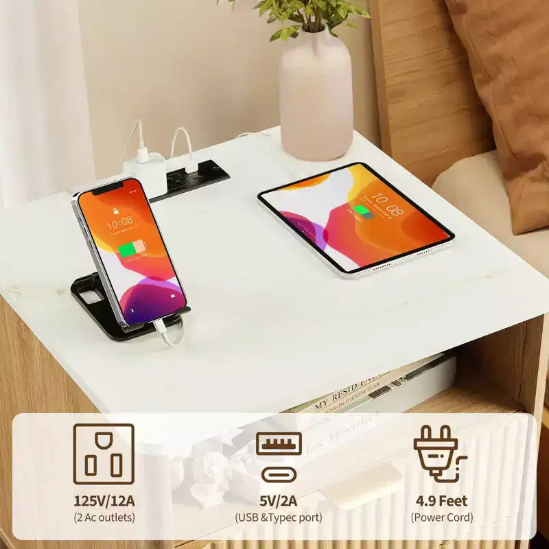Nightstand with Charging Station, 2 Drawer Bedside Table with USB-C, AC Outlets, Open Shelf and Storage for Bedroom