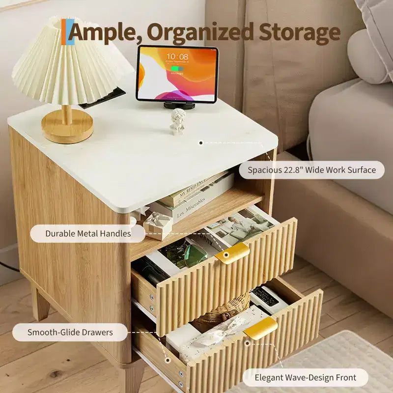 Nightstand with Charging Station, 2 Drawer Bedside Table with USB-C, AC Outlets, Open Shelf and Storage for Bedroom