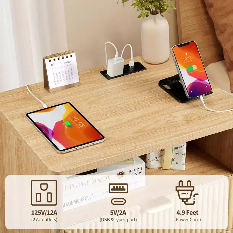 Nightstand with Charging Station, 2 Drawer Bedside Table with USB-C, AC Outlets, Open Shelf and Storage for Bedroom