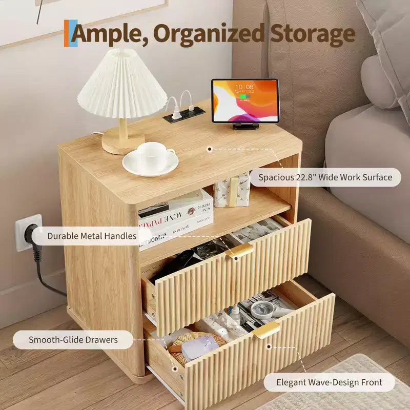 Nightstand with Charging Station, 2 Drawer Bedside Table with USB-C, AC Outlets, Open Shelf and Storage for Bedroom