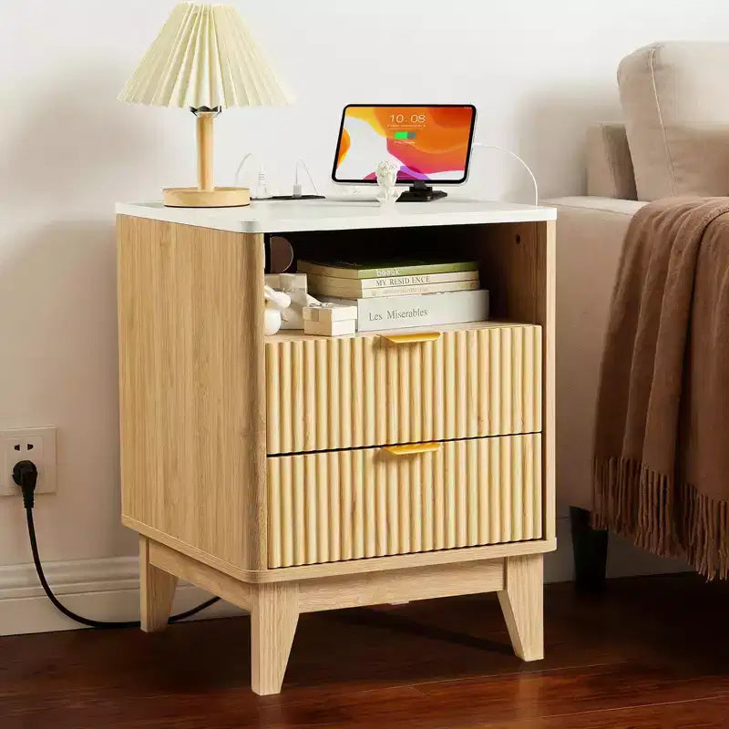 Nightstand with Charging Station, 2 Drawer Bedside Table with USB-C, AC Outlets, Open Shelf and Storage for Bedroom