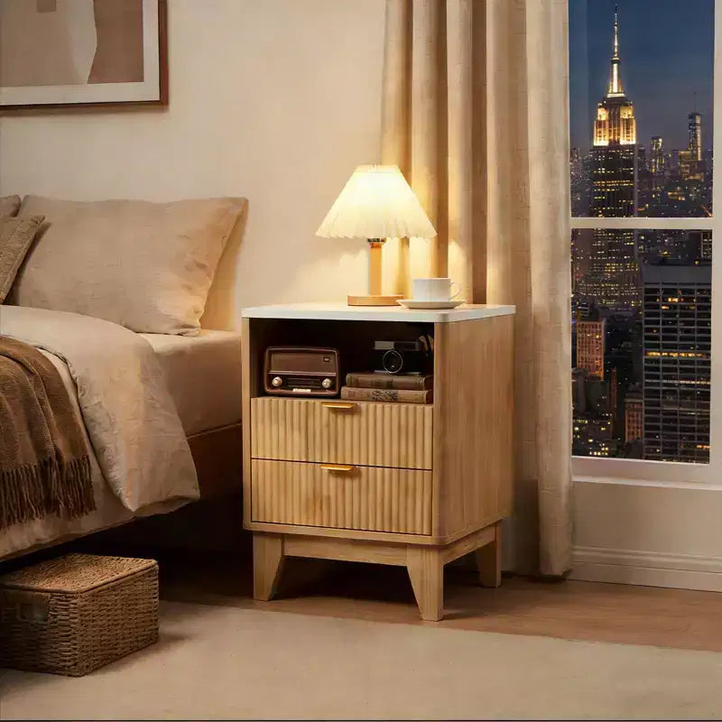 Nightstand with Charging Station, 2 Drawer Bedside Table with USB-C, AC Outlets, Open Shelf and Storage for Bedroom