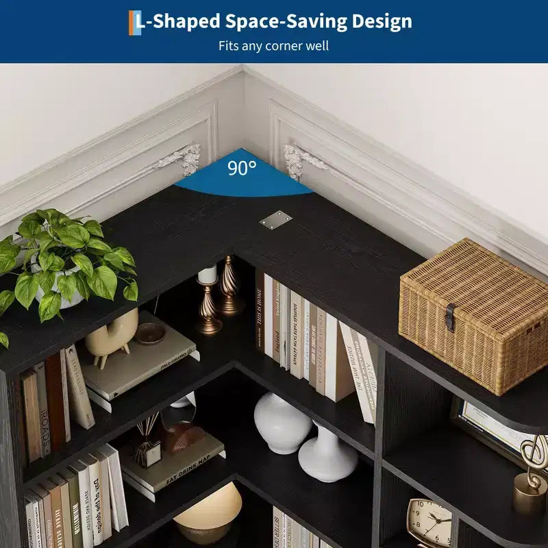 74 Tall Corner Bookshelf, 6-Tier L-Shaped Bookcase with Drawer & Storage Cabinets, Modern Open Display Shelf for Living Room, Office & Home
