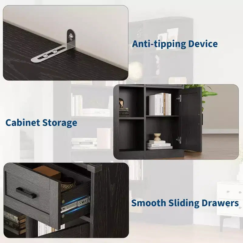 74 Tall Corner Bookshelf, 6-Tier L-Shaped Bookcase with Drawer & Storage Cabinets, Modern Open Display Shelf for Living Room, Office & Home