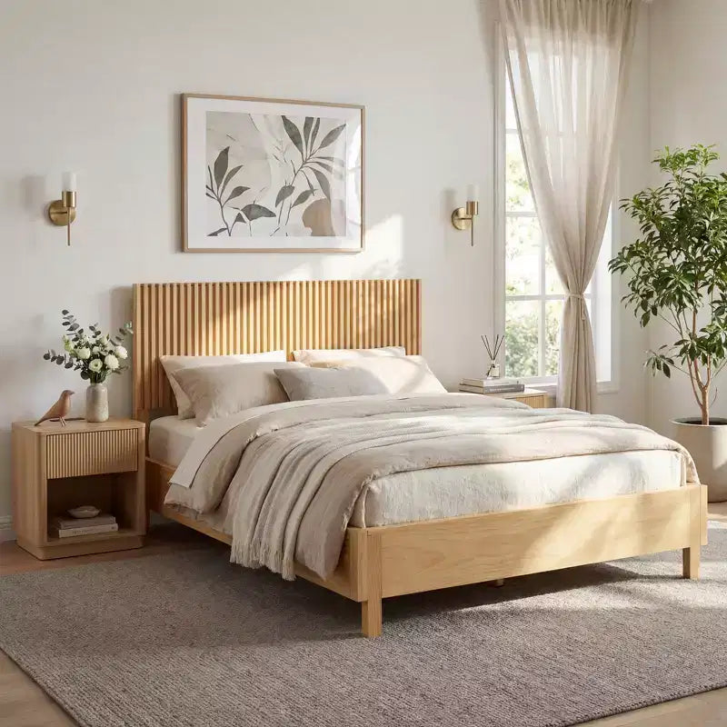Queen/King Size Platform Bed Frame with Vertical Slat Headboard, Modern Rustic Bed, No Box Spring Needed