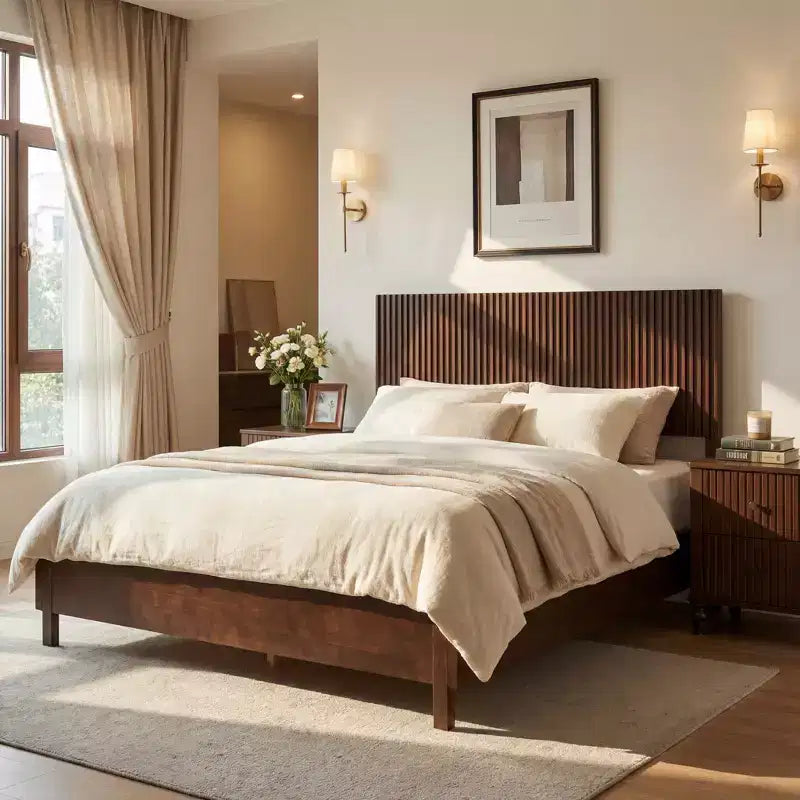 Queen/King Size Platform Bed Frame with Vertical Slat Headboard, Modern Rustic Bed, No Box Spring Needed
