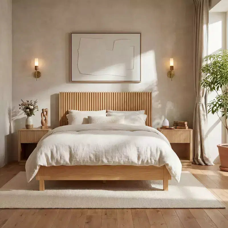 Queen/King Size Platform Bed Frame with Vertical Slat Headboard, Modern Rustic Bed, No Box Spring Needed