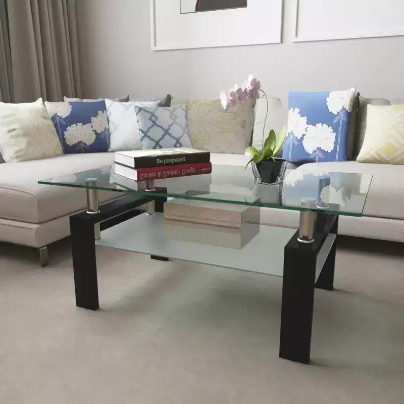 Modern Rectangular Wood Coffee Table with Glass Top for Living Room Office