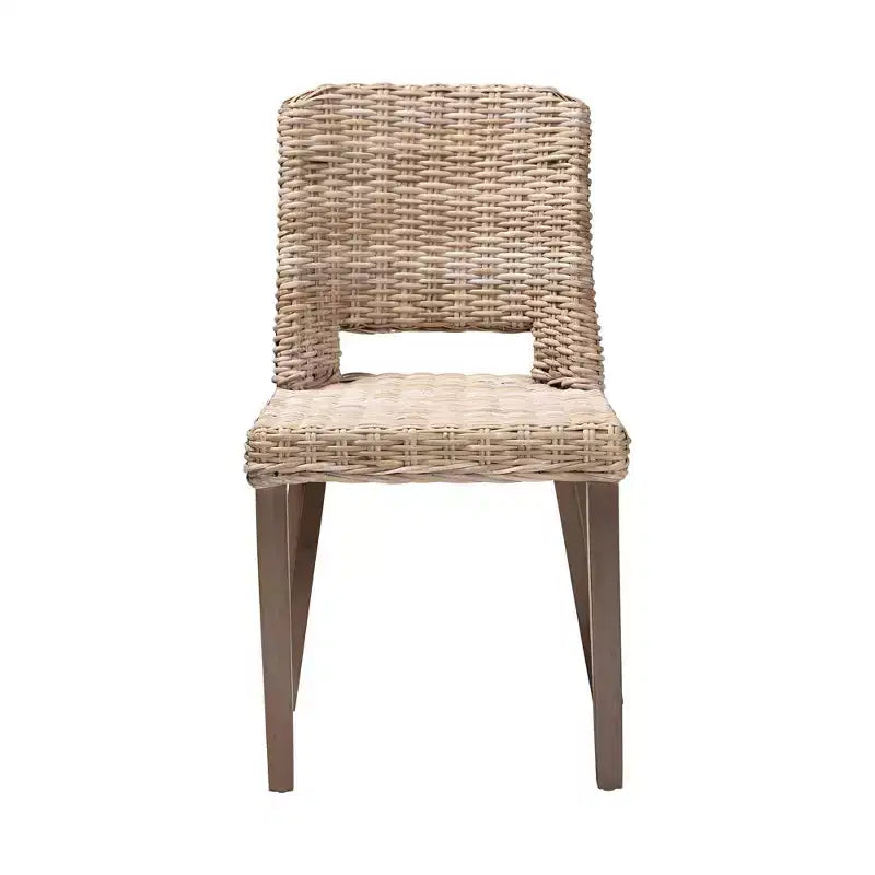 Dining Chair, Brown Natural Rattan & Mahogany Wood, Bohemian Style
