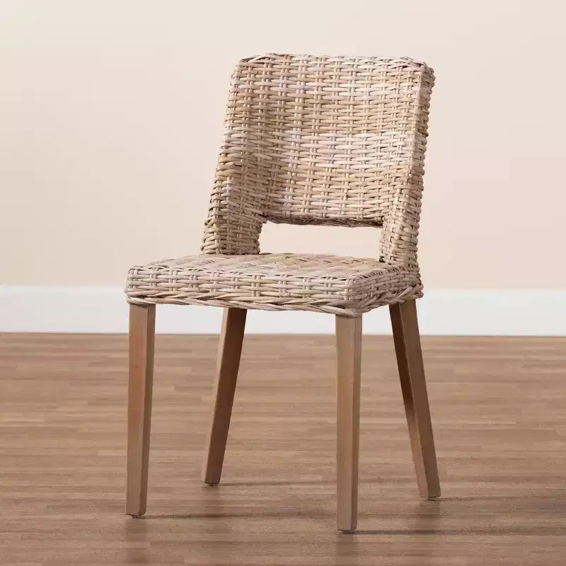 Dining Chair, Brown Natural Rattan & Mahogany Wood, Bohemian Style
