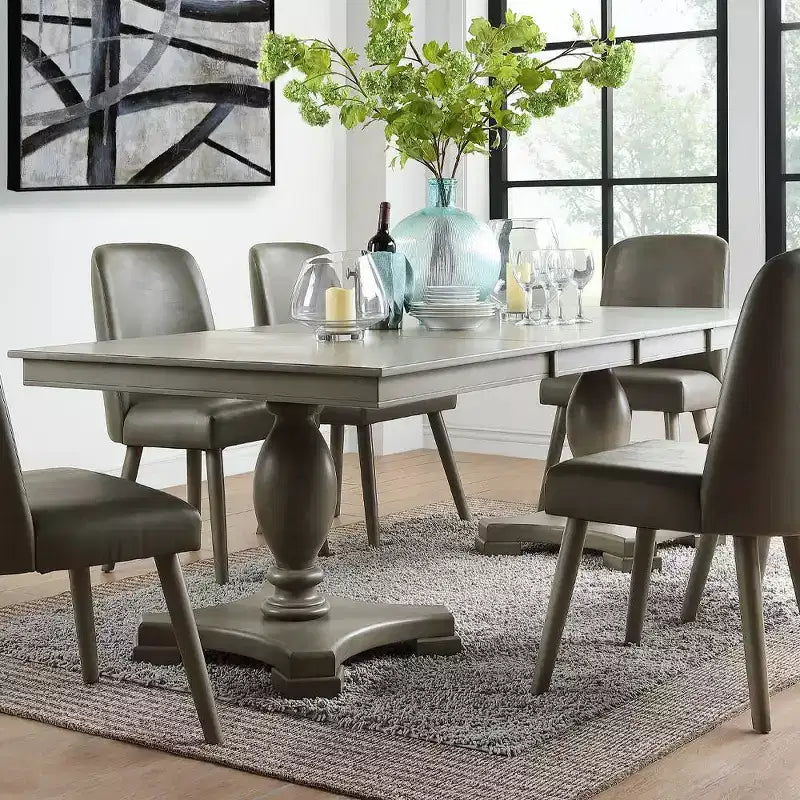 60"-96" Dining Table Gray Oak, Kitchen Table for 6 with Double Pedestal