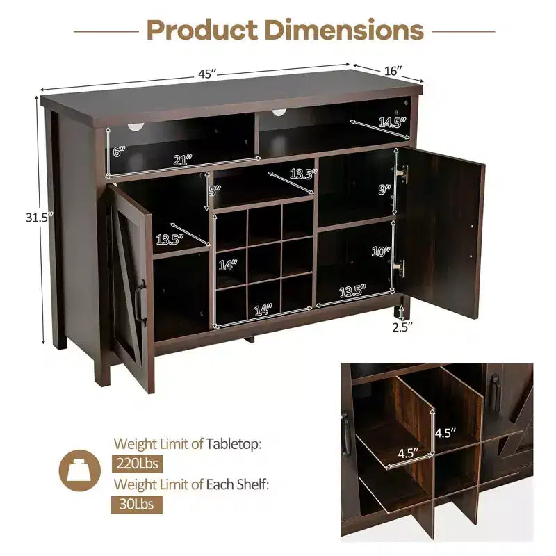 Farmhouse Buffet Storage Cabinet Sideboard with 9-Bottle Wine Rack & 2 Doors
