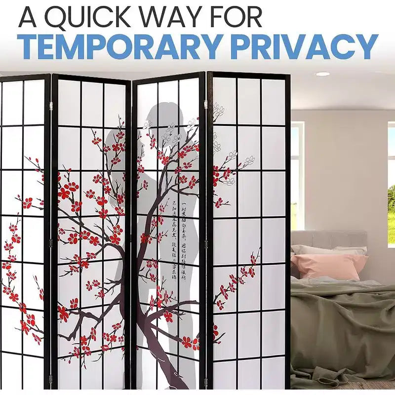 4-Panel Room Divider, Japanese-Inspired Folding Privacy Screen with Two-Way Hinges