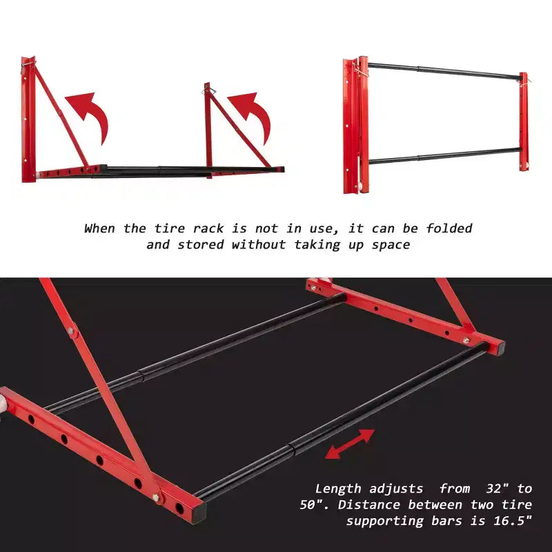 32 to 50" Adjustable Tire Storage Rack, Wall-Mounted Powder-Coated Steel, 300 lb Capacity