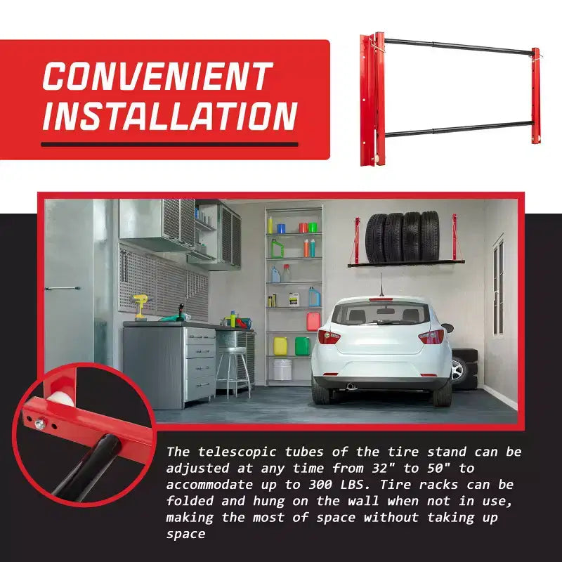 32 to 50" Adjustable Tire Storage Rack, Wall-Mounted Powder-Coated Steel, 300 lb Capacity