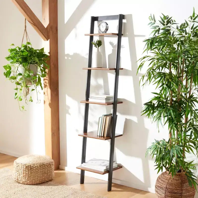 5-Tier Leaning Etagere Ladder Bookshelf, Mahogany & MDF