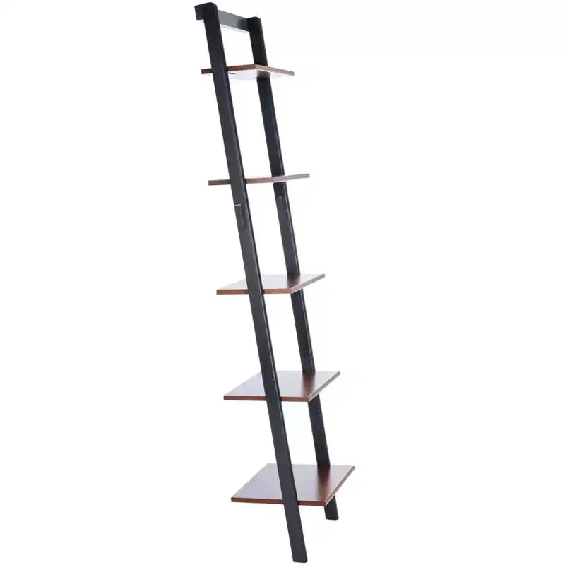 5-Tier Leaning Etagere Ladder Bookshelf, Mahogany & MDF