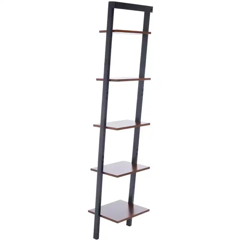 5-Tier Leaning Etagere Ladder Bookshelf, Mahogany & MDF